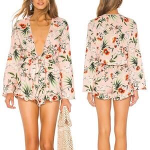 Agua Bendita Larissa Floral Romper Pistachio Satin Pink size Small